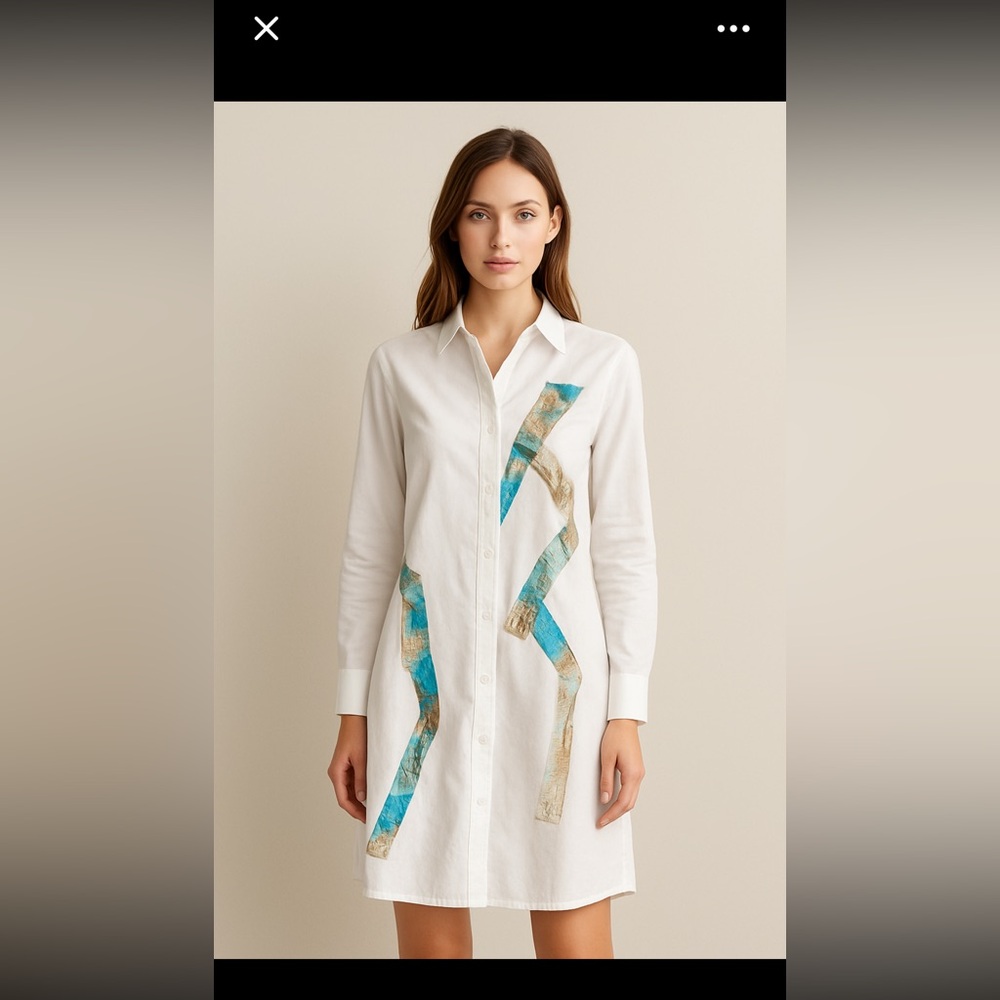 Women's White Button Down Shirt with Patterned Accents